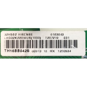 MAIN FUENTE (COMBO) PARA TV HISENSE SMART TV / NUMERO DE PARTE 207219 / RSAG7.820.6834/ROH / 200534 / LHD32K220WUS(1000) / E303981 / PANEL HD315DH-B12(110)\S5\GM\ROH / MODELO 32H5B2 / 32H5B2 32K220WUS